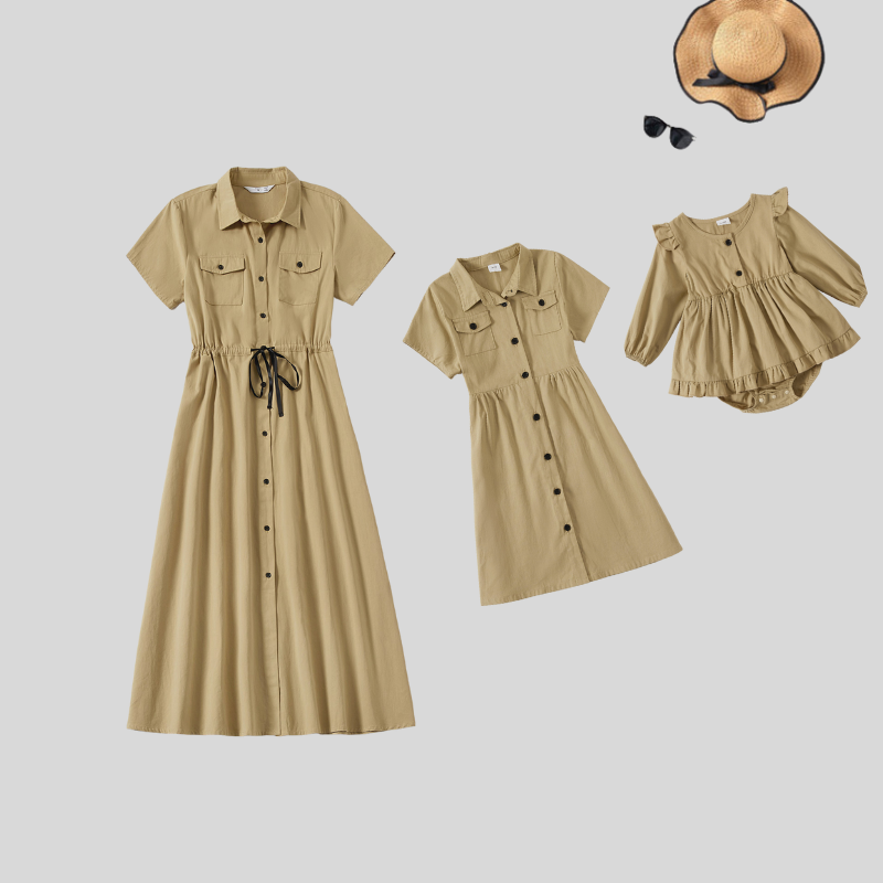 khaki Button Up Dress for Mom and Me