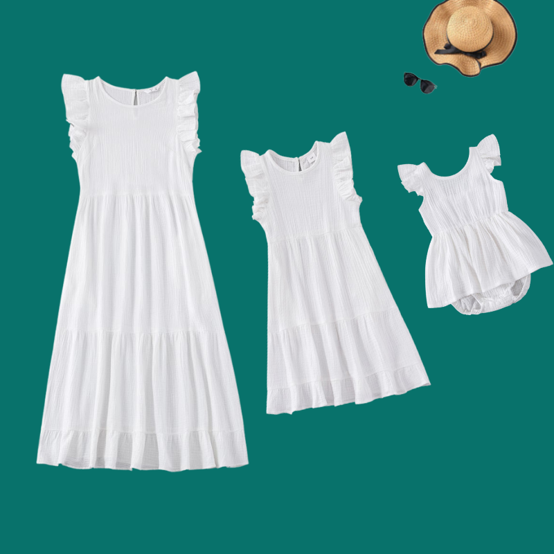 Solid White Sleeveless Ruffle Dress for Mom and Me