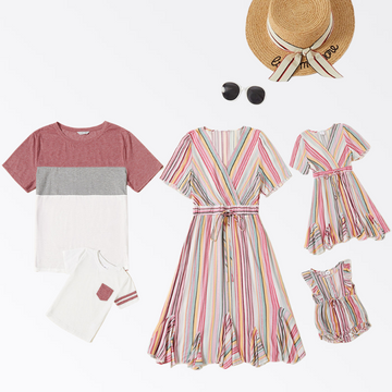 Colorful Striped Dress Stitching Short Sleeve T-shirt Family Matching Outfits