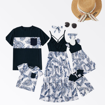 Mom and Me Matching Vacation Outfits Floral Print Stitching Navy Blue Sets