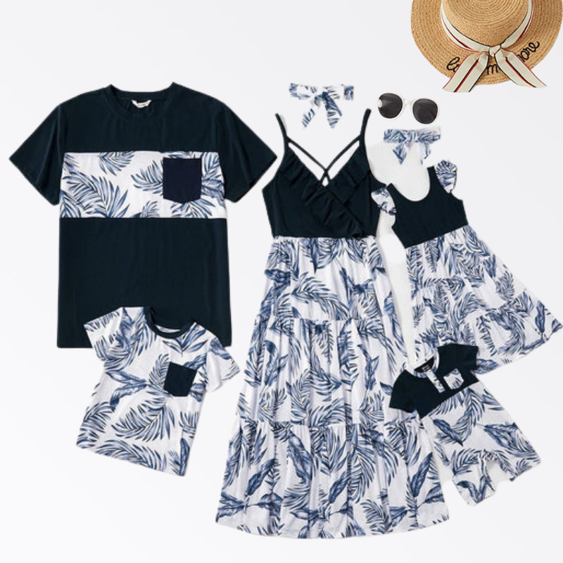 Family Matching Vacation Outfits Floral Print Stitching Navy Blue Sets
