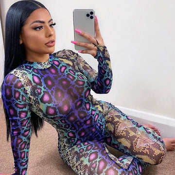 Serpentine Print Round Neck Long Sleeve Bodycon Jumpsuit