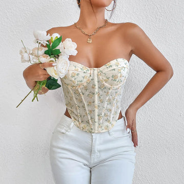 French Lace Up Overbust Bustier with Floral Embroidery