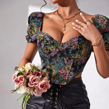 Vintage Florals French Lace Up Corset Bustier Crop Top for Stylish Streetwear