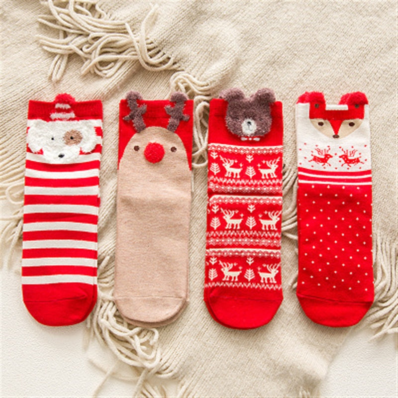 Women kids Winter Christmas Socks David's Deer Cotton Cartoon 4pcs