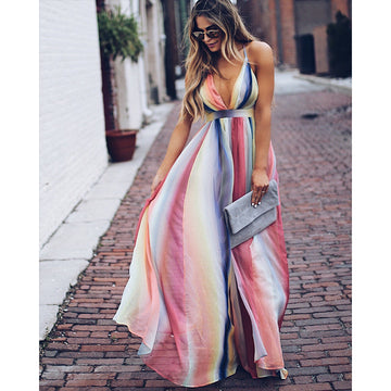 Rainbow Halter Cross Summer Beach Chiffon Spaghetti Strap Dress