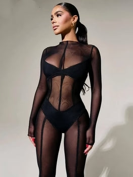 See Through Long Sleeve Bodycon Black Jumpsuit Overalls