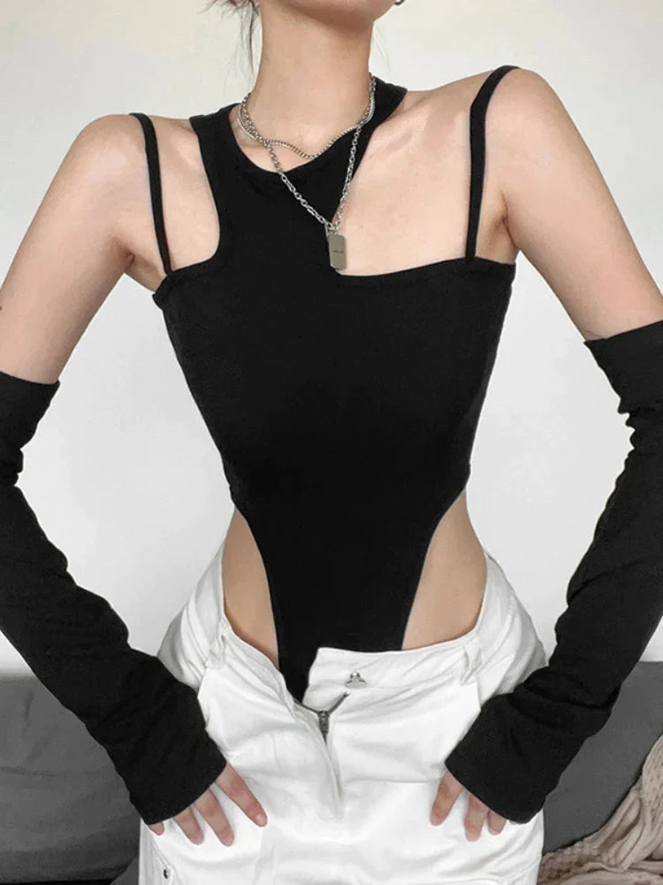 Hollow Out Black Asymmetrical Neck Crop Bodysuit