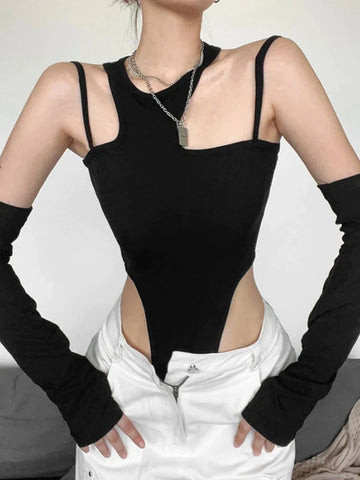 Hollow Out Black Asymmetrical Neck Crop Bodysuit