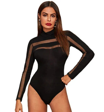 Womens Mesh Classic Long Sleeve Black Bodysuit