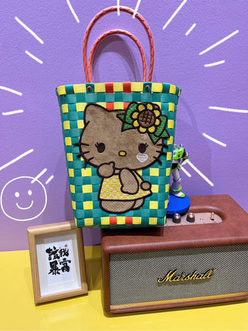 Hellokitty Summer Woven Beach Tote Bag｜Handmade Bamboo Handle Handbag Straw Purse for Women