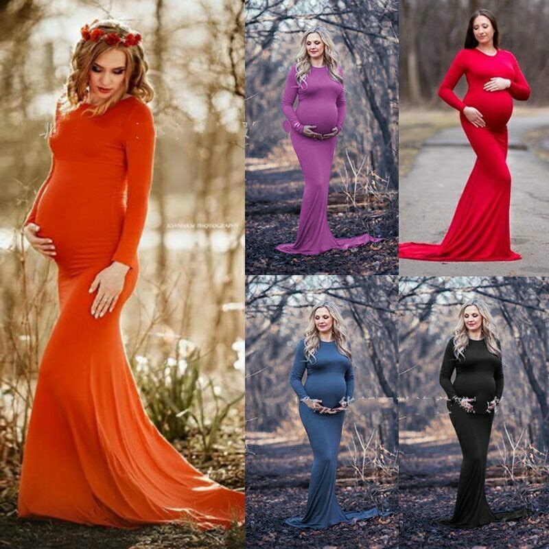 Solid Color Maternity Long Sleeve Fishtail Maxi Dresses for Photo Shoot