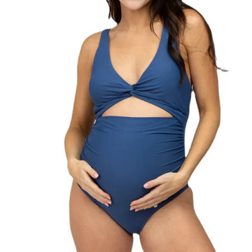 Maternity Backless Swimsuit Tie Front Bathing Suit V Neck High Cut Light Blue