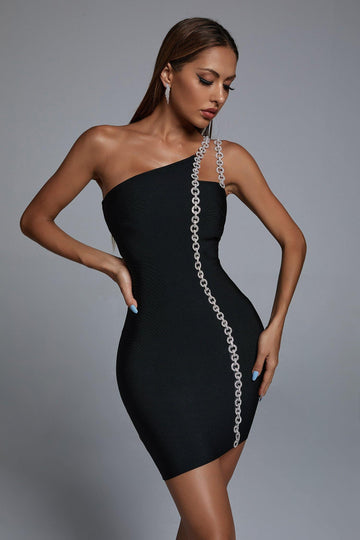 One Shoulder Sleeveless Cut Out Chain Mini Cocktail Dress