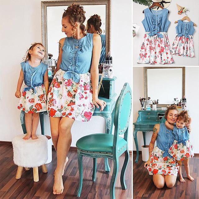 Chic Round Collar Floral Denim Matching Dress (2539278237780)