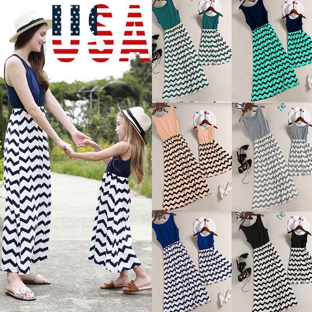 Mom and Me Trendy Sleeveless Wave Striped Dress (2536796094548)