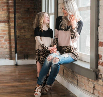 Long Sleeve Leopard Patchwork Tops for Mommy and me