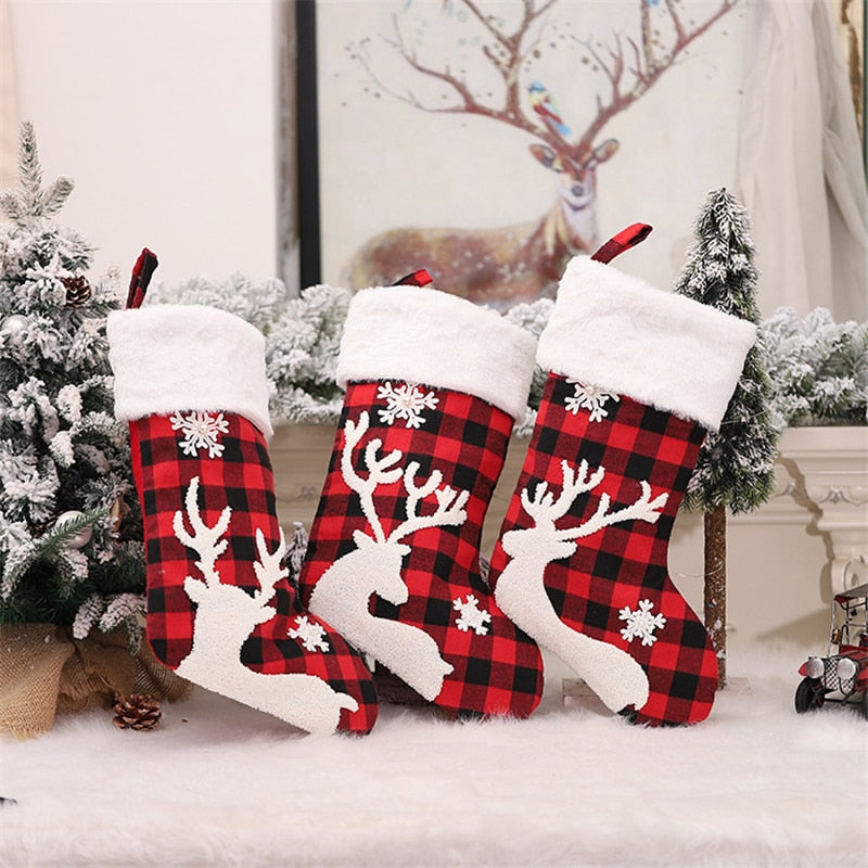 Christmas Cute Elk Snow Stocking Gift Bags Red & Black Plaid
