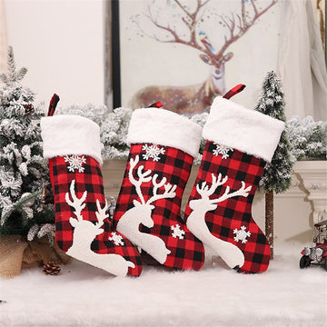 Christmas Cute Elk Snow Stocking Gift Bags Red & Black Plaid
