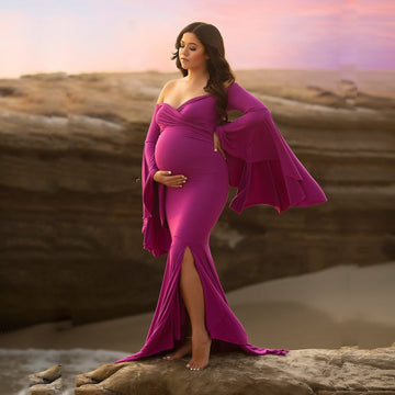 Sexy Maternity Trumpet Sleeve Cotton Dress for Photoshoot