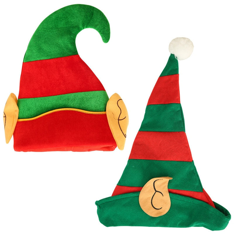 Adult/Kid Red Green Striped Christmas Elf Hat with Ears