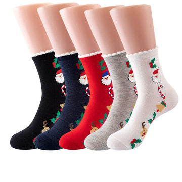 Women Christmas Socks Cartoon Santa Claus Cotton Socks 5 Pairs