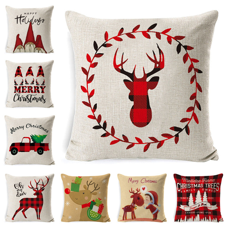 Christmas Antlers Snowman Tree Little Boy Elk Car Gnome Linen Pillowcase BZ0988