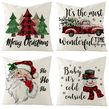Merry Christmas Santa Claus Car Tree Snowman Linen Pillow Cover YMD204