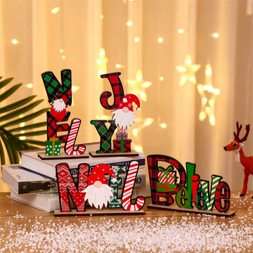 Christmas Home Decoration Colored Letter and Gnome Printing Table Wooden Ornaments