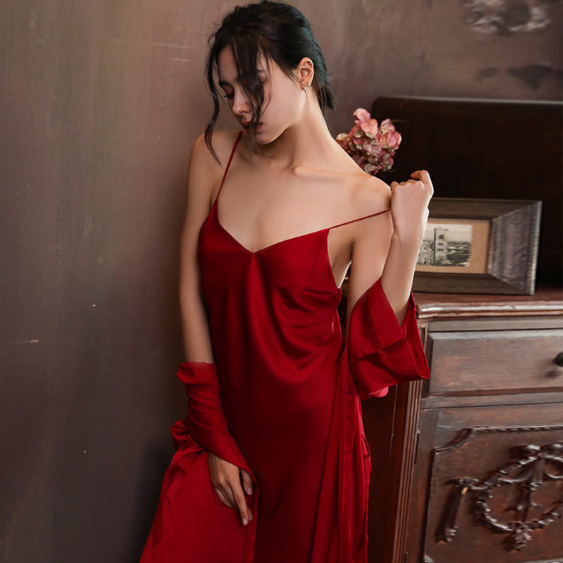 Women Sexy Solid Color Ice Silk Nightgown Sling Dress Two-Piece Set 2132