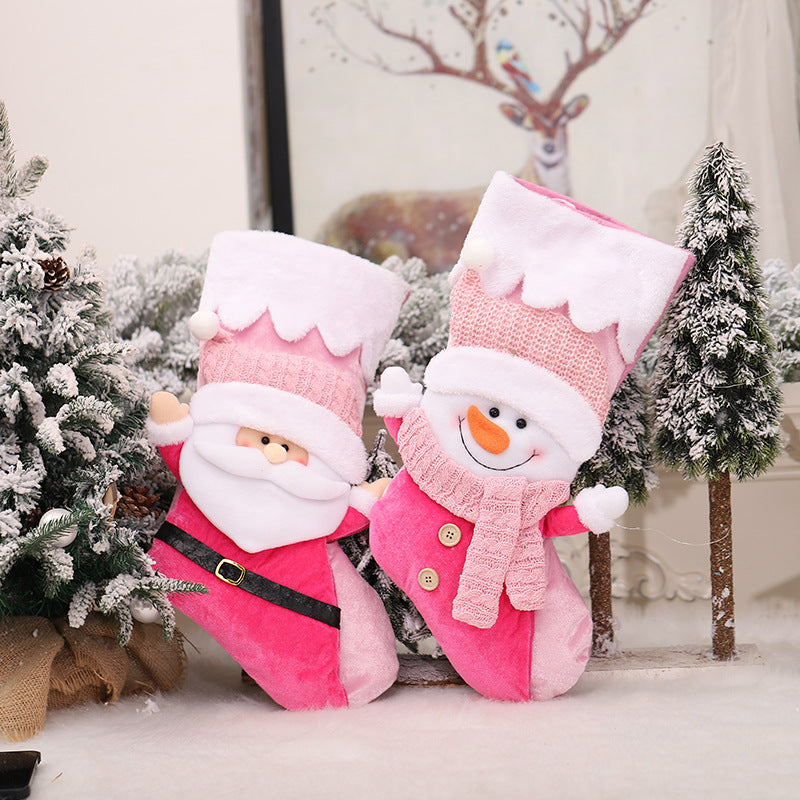 Christmas Home Decoration 3D Snowman Santa Claus Doll Pink Christmas Socks Candy Bags