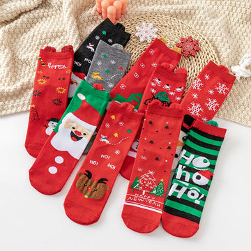 HO HO HO Christmas Striped Elk Tree Gift Santa Claus Snowman Cute Ears Cotton Tube Socks 5Pairs