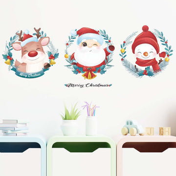 Christmas Cartoon Wreath Santa Deer Snowman Window Glass Door Wall Sticker xmas022