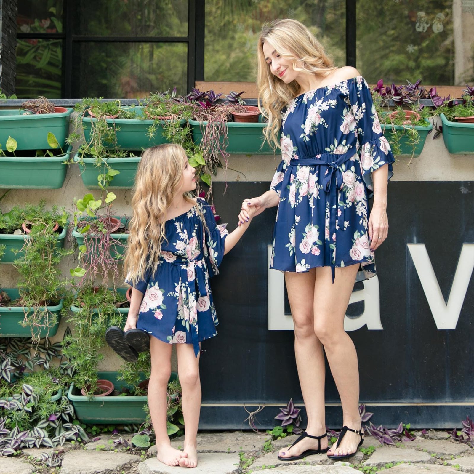 Floral Print Navy/Black Off Shoulder Ruffle Mother and Daughter Short Dress 8632