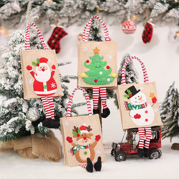 Christmas Decoration Cute Embroidered Linen Tote Bag Gift/Candy Packaging Bag with Snowman Santa Tree Reindeer and Stripe Printing