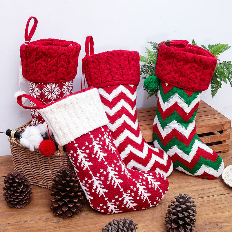 Christmas Home Decoration Knitted Christmas Socks with Double Ball Candy Bag