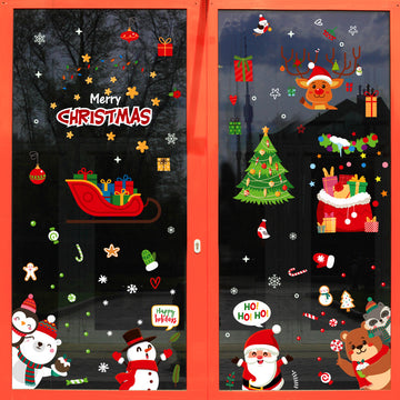 Christmas Cartoon Santa Snowman Penguin Fox Polar Bear Gift Bag Sleigh Electrostatic Wall Window Sticker SKJD2316