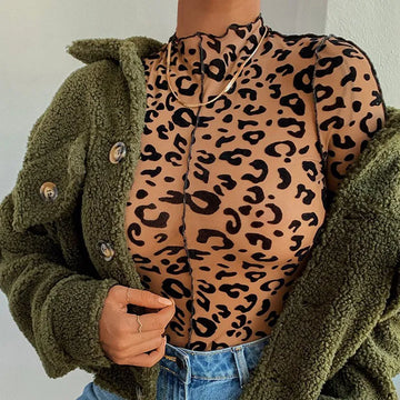 Leopard Printed Skinny Brown High Neck Long Sleeve Bodysuit