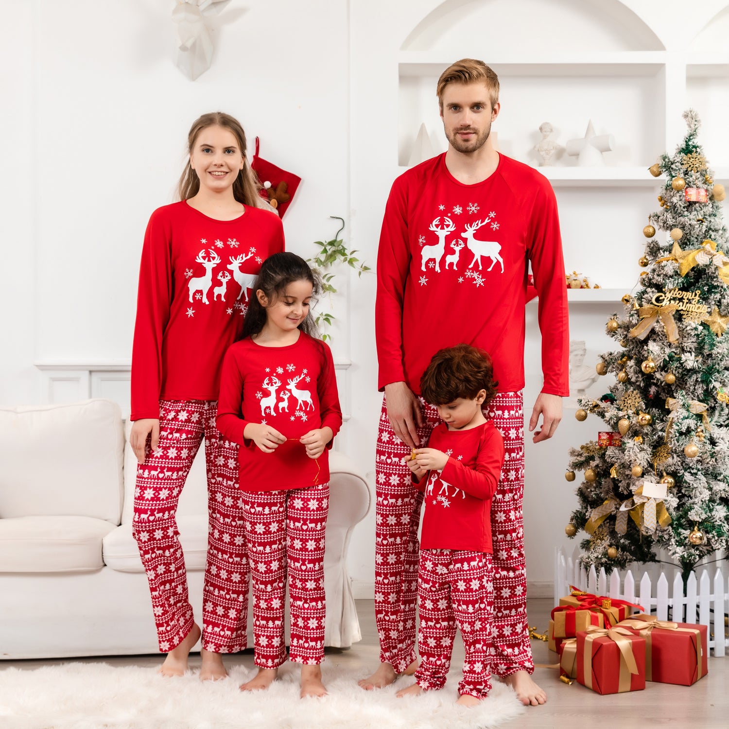 Family Matching Christmas Reindeer Print Christmas Red Family Look Pajama Set