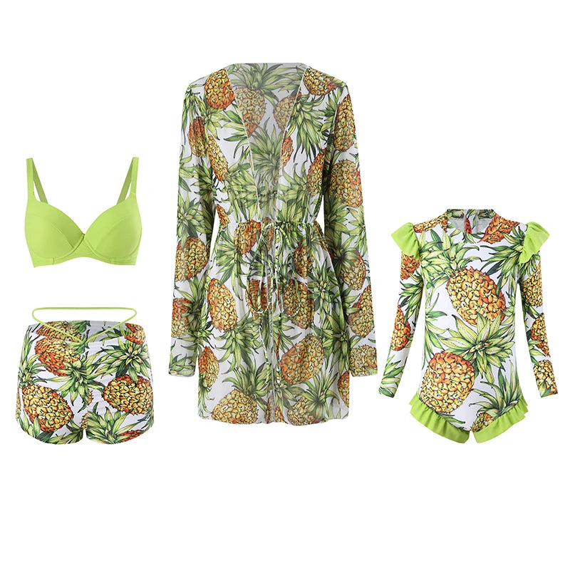 Mother-Daughter Pineapple Print Matching Swimwear Set with Cover-Up
