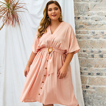 Plus Size 2021 Women's Casual Dress Women's V-neck Batwing Sleeve Button Solid Midi Dress Loose Oversized Ladies Long Dress