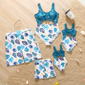 Family Matching Swimwear Plant Print Blue One Piece Bathing Suit