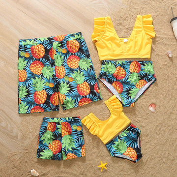 Family Matching Swimsuit Two Pieces Bikini Set Pineapple Printed Ruffles