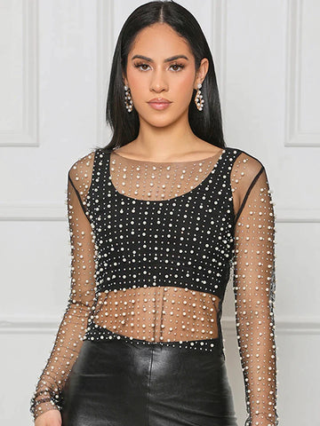 Rhinestones Pearl Mesh Top Women Sexy See Through Long Sleeve Tops