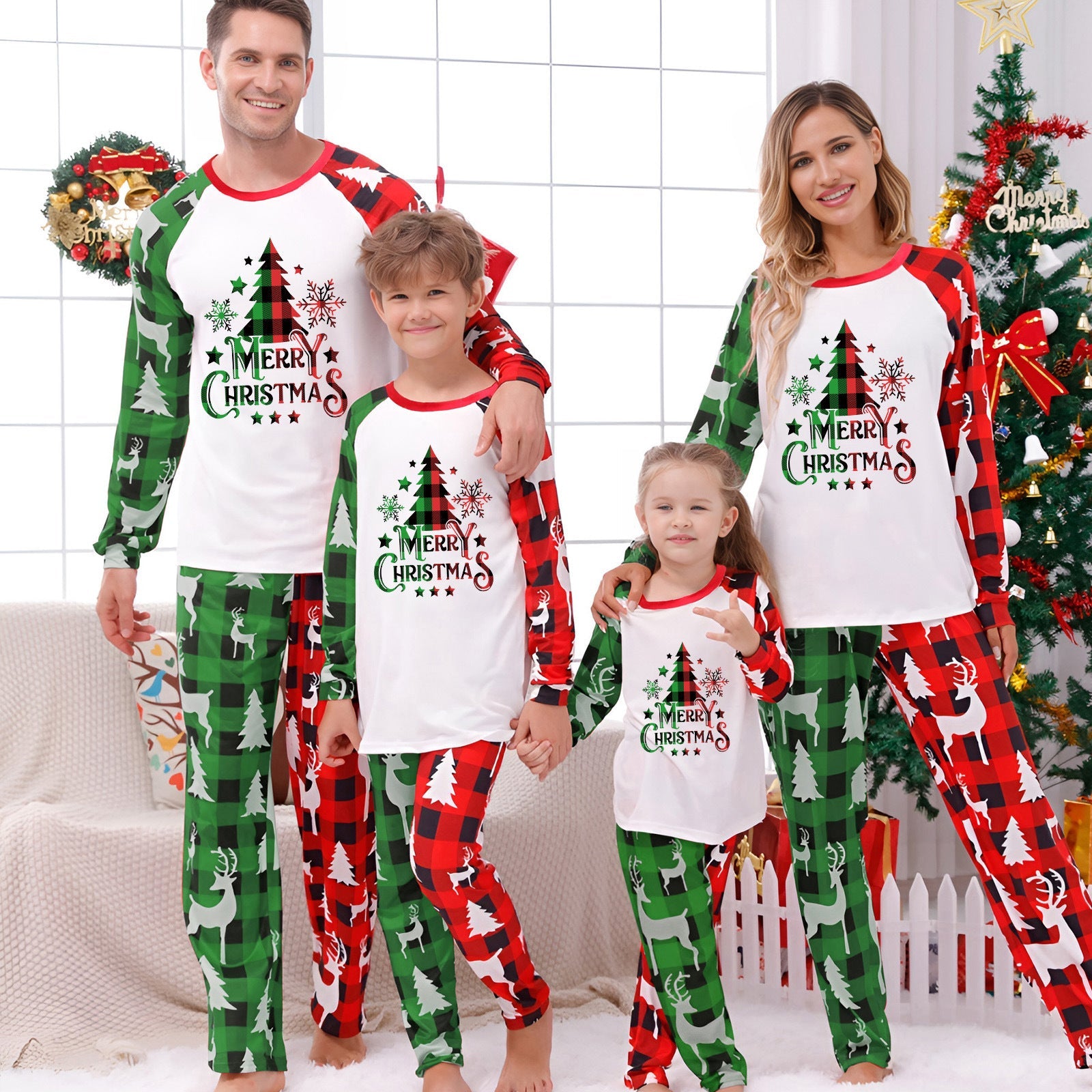 Merry Christmas & Christmas Tree Print Pajama Set: Green & White and Green & Red Plaid