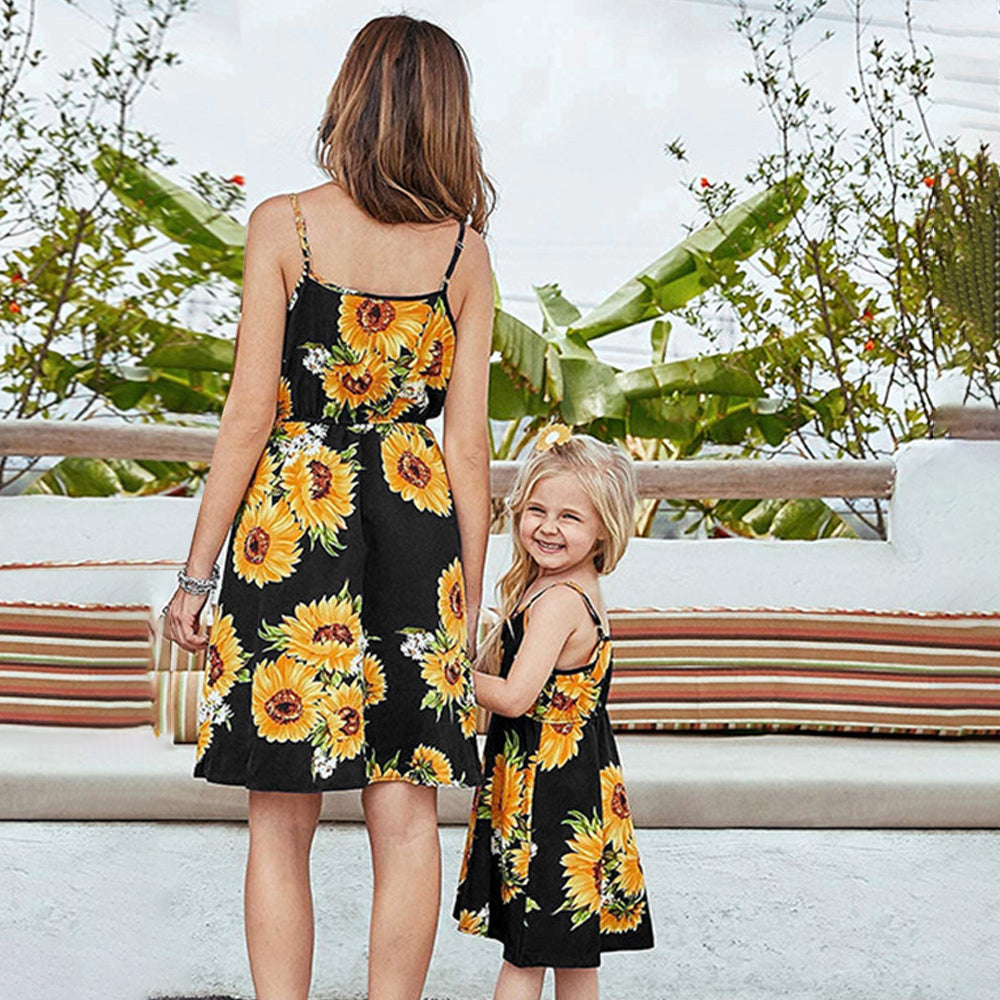 All Over Sunflowers Floral Print Black Spaghetti Strap Dress for Mom and Me