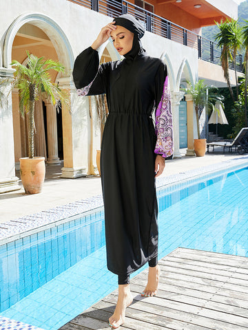 Women's Printed Burkini Muslim Swimsuit with Full Cover and Hijab