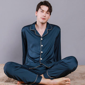 Solid Blue Mens Satin Pajamas Set