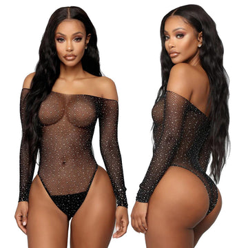 Fishnet Rhinestone Sheer Long Sleeve Bodysuit