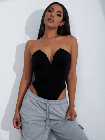 Solid V Neck  Strapless Bodysuit